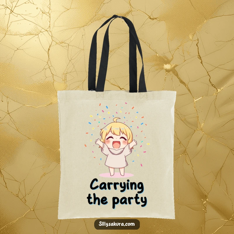 Funny Tote Bag: A character exuberantly scattering colorful confetti, ideal for carrying your festive spirit.