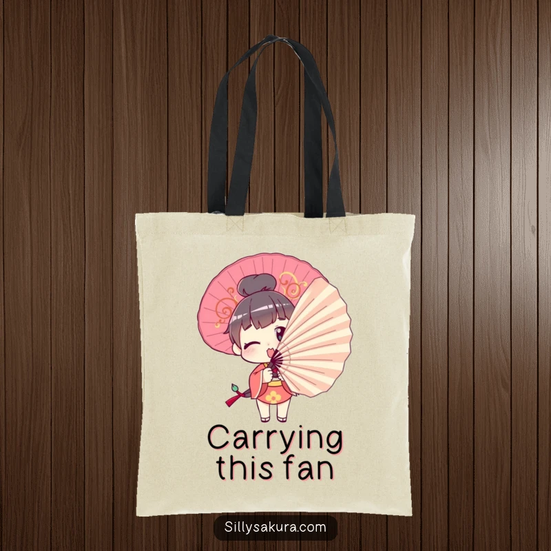 Funny Tote Bag: A character comically tries to pose with a large decorative fan, perfect for carrying essentials humorously.