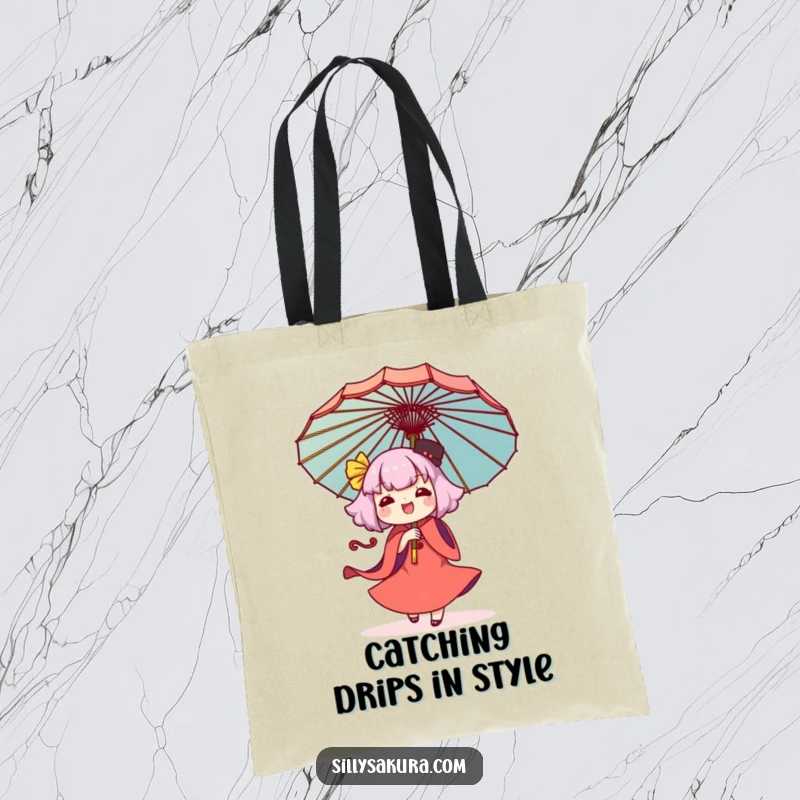 Funny Kawaii tote bag featuring a character joyfully twirling a decorative umbrella, designed for carrying essentials with humor.