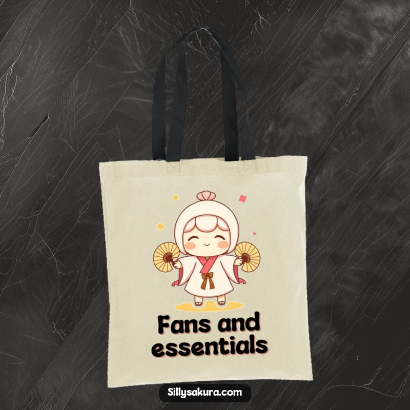 Funny tote bag showcasing a cute Kokeshi doll character playfully juggling three fans, perfect for carrying items with cheer.