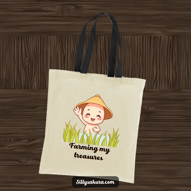 Funny tote bag: a smiling character with a straw hat waves from a beautiful rice paddy, perfect for carrying smiles.