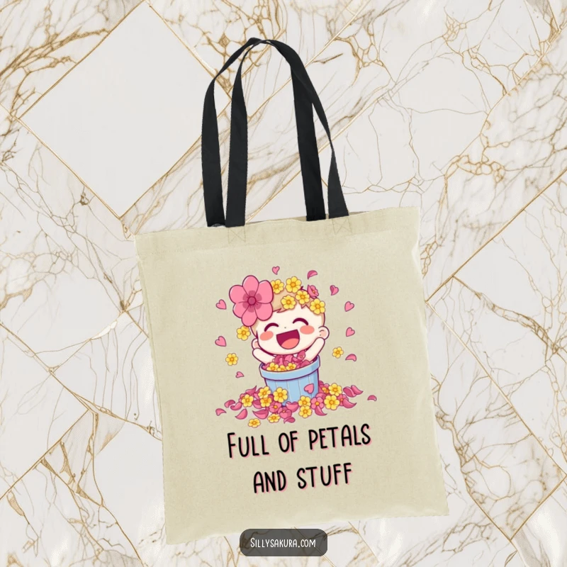 Funny tote bag with a laughing character spilling a bucket of bright flower petals, perfect for carrying vibrant joy.