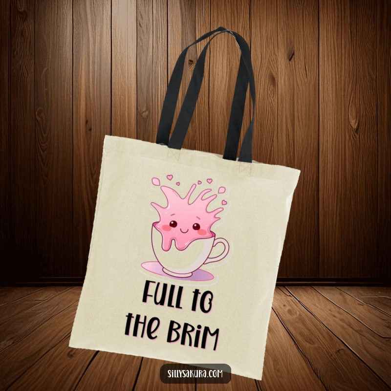 Funny tote bag showcasing a smiling teacup character happily overflowing with vibrant, colorful liquid, perfect for cheerful carrying.