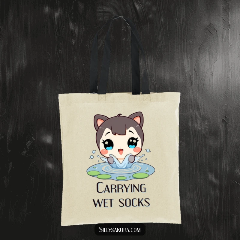 Funny Tote Bag: A happy character with wide eyes splashes in a tiny pond, perfect for carrying fun essentials.