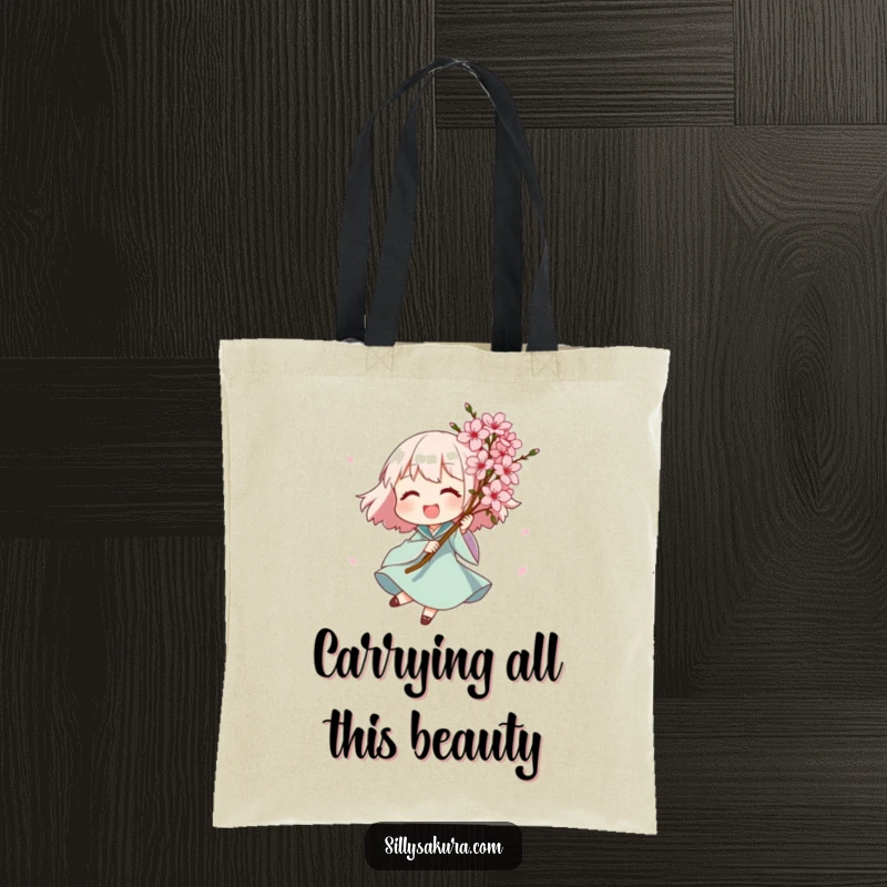 Funny tote bag featuring a joyful character spinning with a bouquet of exquisite pink blossoms, ideal for carrying items with a touch of floral humor and happiness.