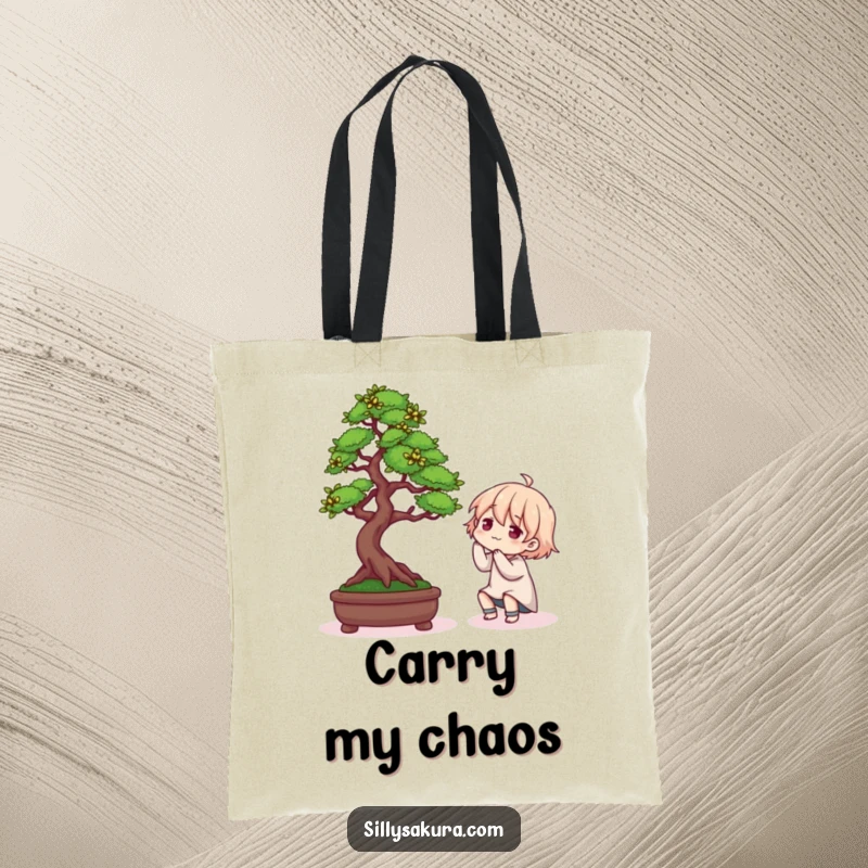 Funny tote bag showcasing a character's comical attempt to style a Bonsai tree, great for gardeners and plant lovers.