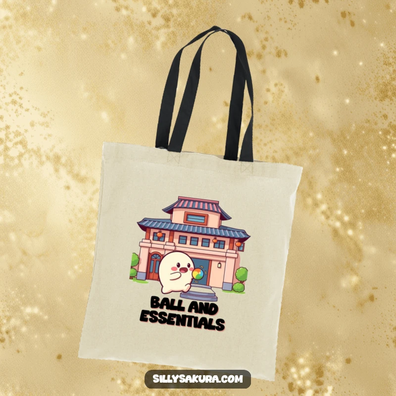 Funny Tote Bag with a rounded character joyfully bouncing a colorful ball against a building, a humorous accessory.