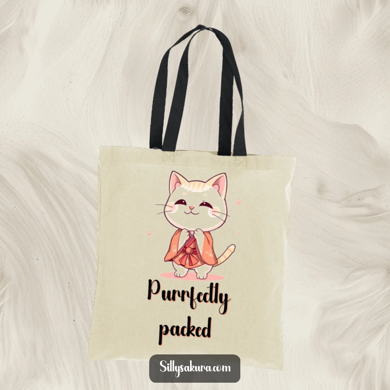 Funny cat tote bag with a cute character in a tiny kimono performing a playful bow, a practical and humorous accessory for carrying daily items.