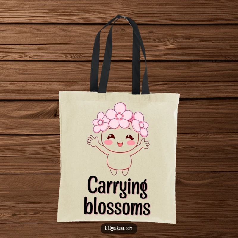 Funny cherry blossom tote bag with a smiling flower character and tiny waving arms, a practical and humorous accessory for carrying daily items.
