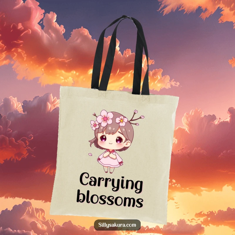 Funny Cherry Blossom Tote Bag featuring a character and flowing petals carried by a gentle wind.