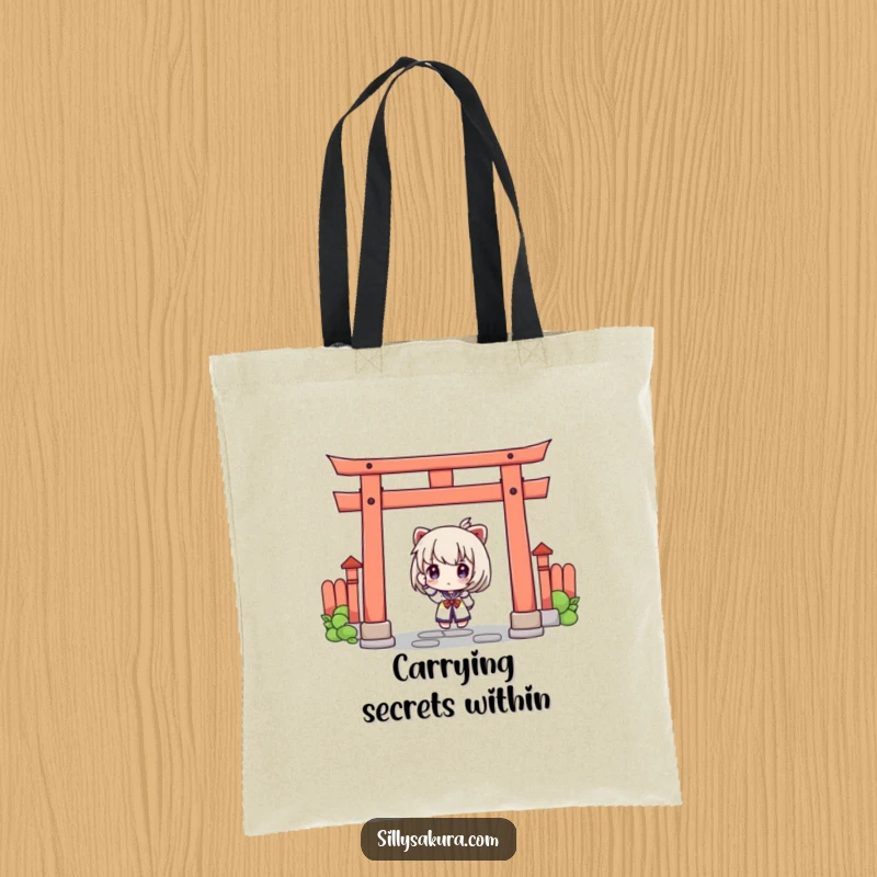 Funny tote bag with a curious character peeking from behind a torii gate, perfect for carrying your discoveries.