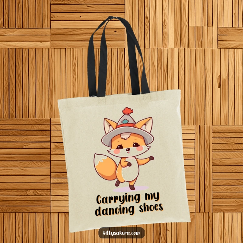 Funny tote bag depicting a spirited fox wearing a small hat and performing a lively, joyful dance.