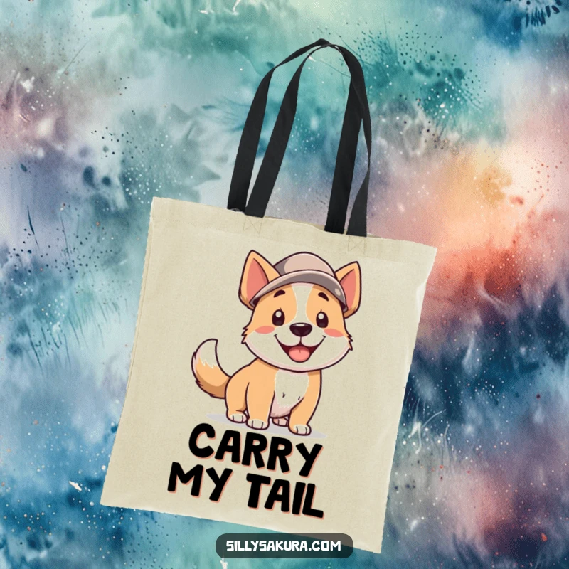 Funny Dog Tote Bag: A smiling dog in a hat, tail wagging furiously, ready for adventure and carrying necessities with joy.