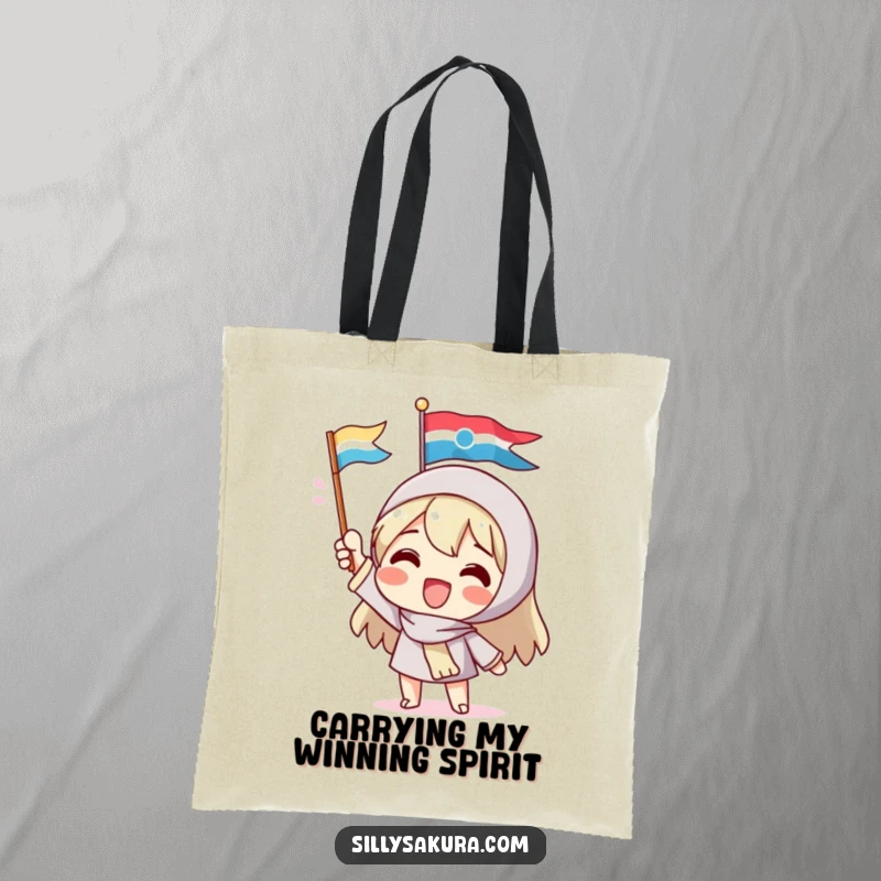 Funny tote bag with a delighted character enthusiastically waving a small, colorful flag, perfect for carrying essentials with a cheerful and humorous vibe.