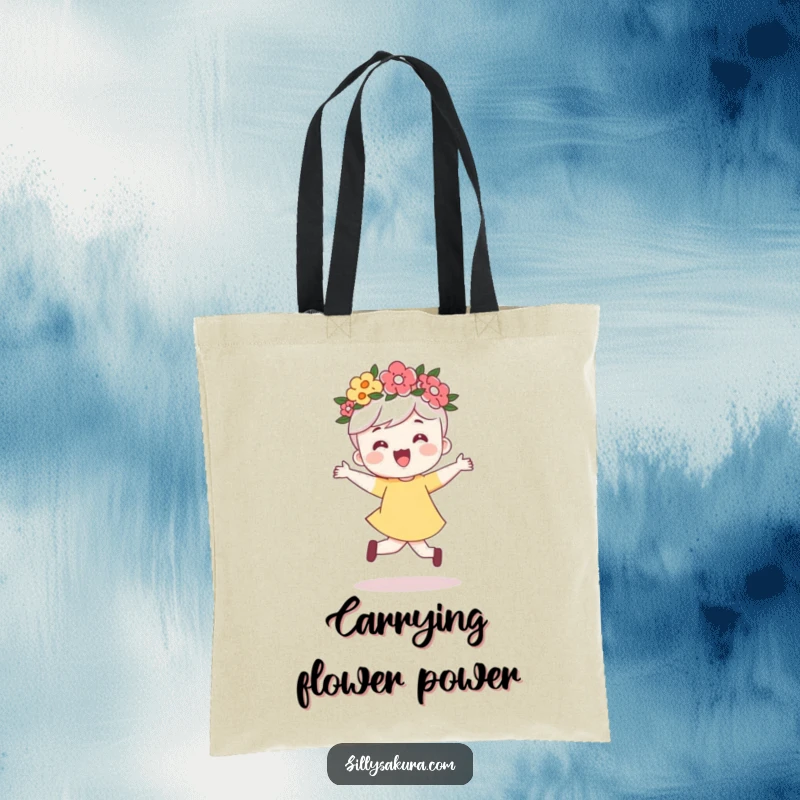 Funny tote bag showing a cute character wearing a flower crown, happily skipping with an infectious sense of joy.