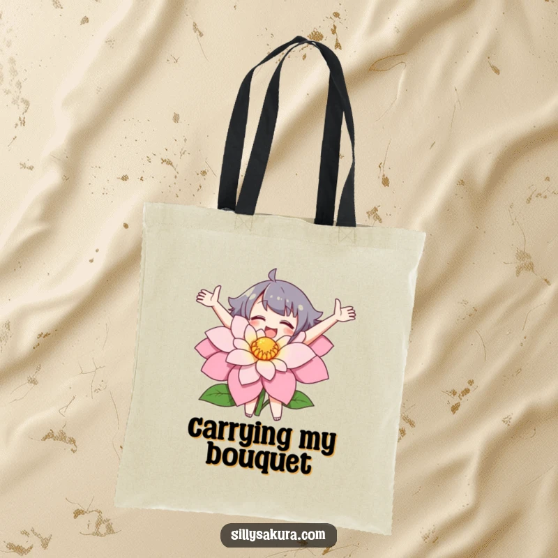 Funny tote bag featuring a character joyfully embracing a large flower with open arms.