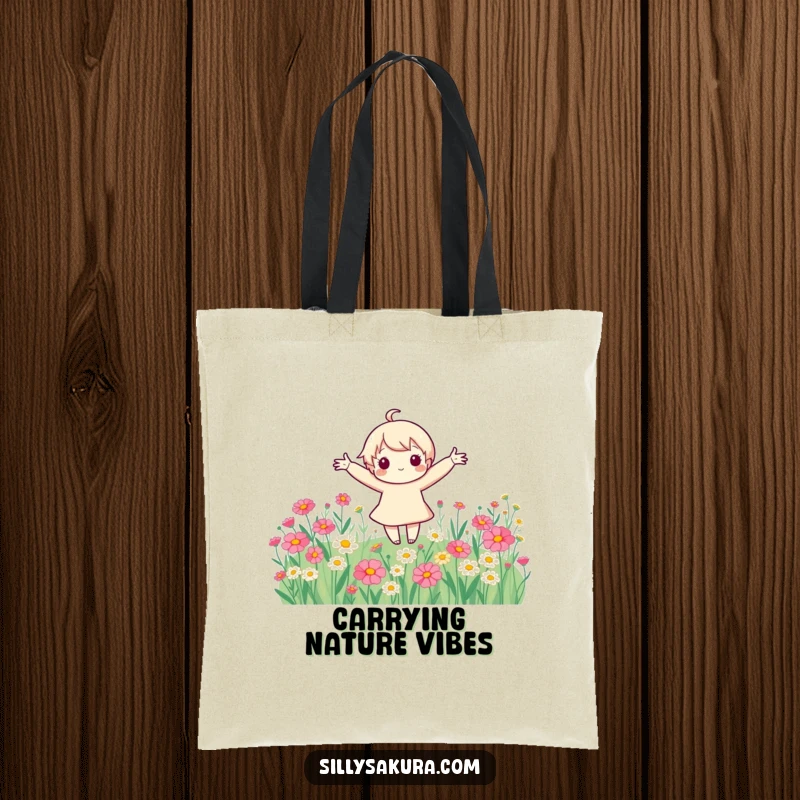 Funny cute character with arms spread wide, spinning joyfully in a field of colorful flowers, illustrated on a practical tote bag.