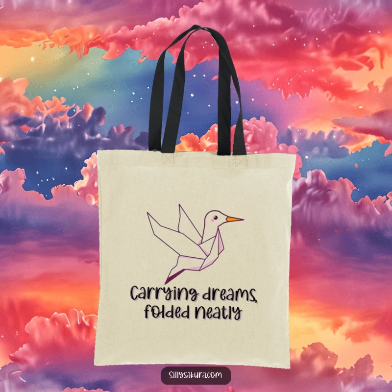 Funny tote bag adorned with a giggling origami crane character soaring gracefully, ideal for carrying essentials with a humorous touch.