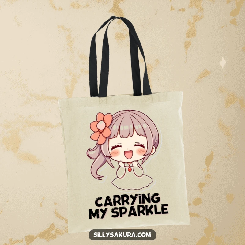 Funny tote bag: a character giggles under a large, decorative hairpin, perfect for carrying everyday items with humor.