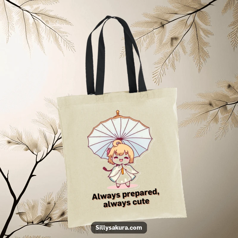 Funny Kawaii Umbrella Tote Bag featuring an adorable character energetically twirling a decorative umbrella, spreading cheer.
