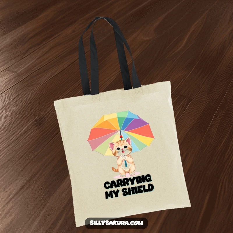 Funny tote bag with a happy kitten curiously exploring a giant, colorful paper umbrella, perfect for carrying items with a whimsical touch.