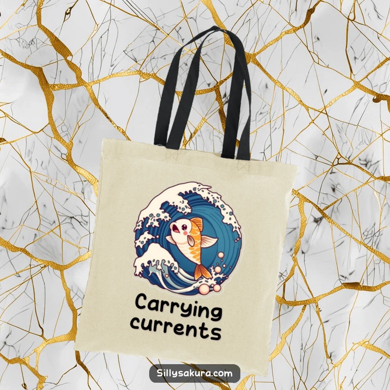 Funny tote bag with a lively koi fish character leaping energetically from a stylized ocean wave, perfect for stylish carrying.