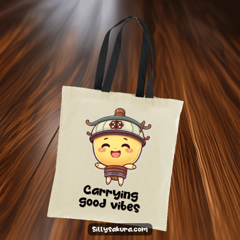 Funny tote bag with a cheerful lantern character bobbing energetically, ready to carry groceries or mood-boosting smiles.