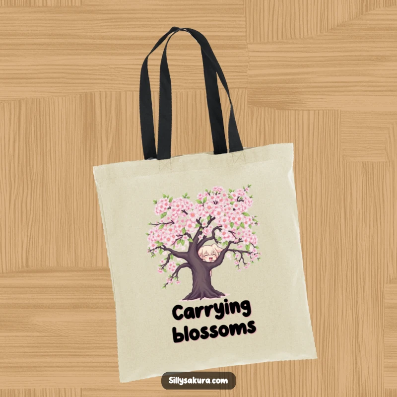 Funny Character Tote Bag: A mischievous character peeks from behind cherry blossoms, perfect for carrying your items with playful charm.
