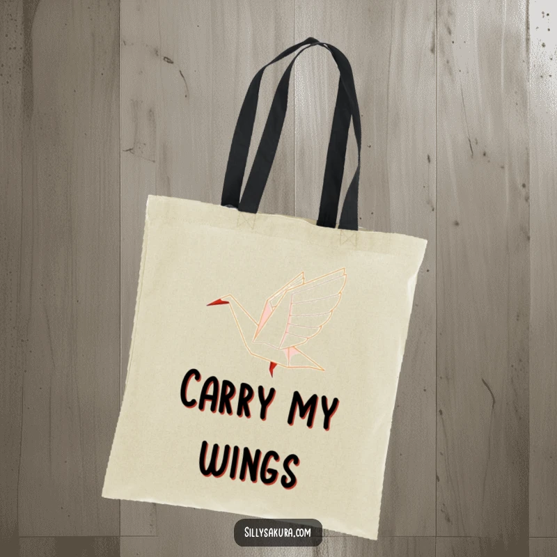 Funny Origami Tote Bag showing a paper crane character beautifully taking flight, symbolizing hope.