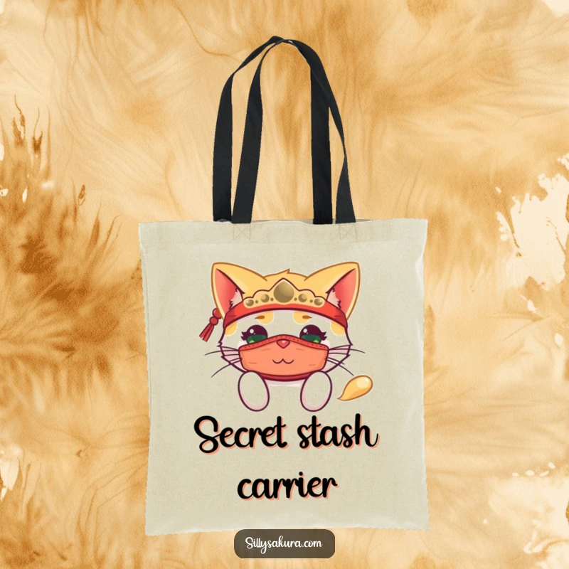 Funny tote bag showcasing a happy cat wearing a traditional mask, playfully peeking from behind it.