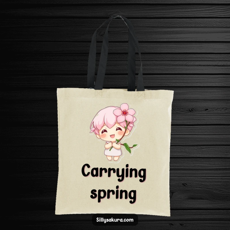 Funny Tote Bag: A tiny character with a large smile holds a blooming cherry blossom, perfect for carrying spring's charm.