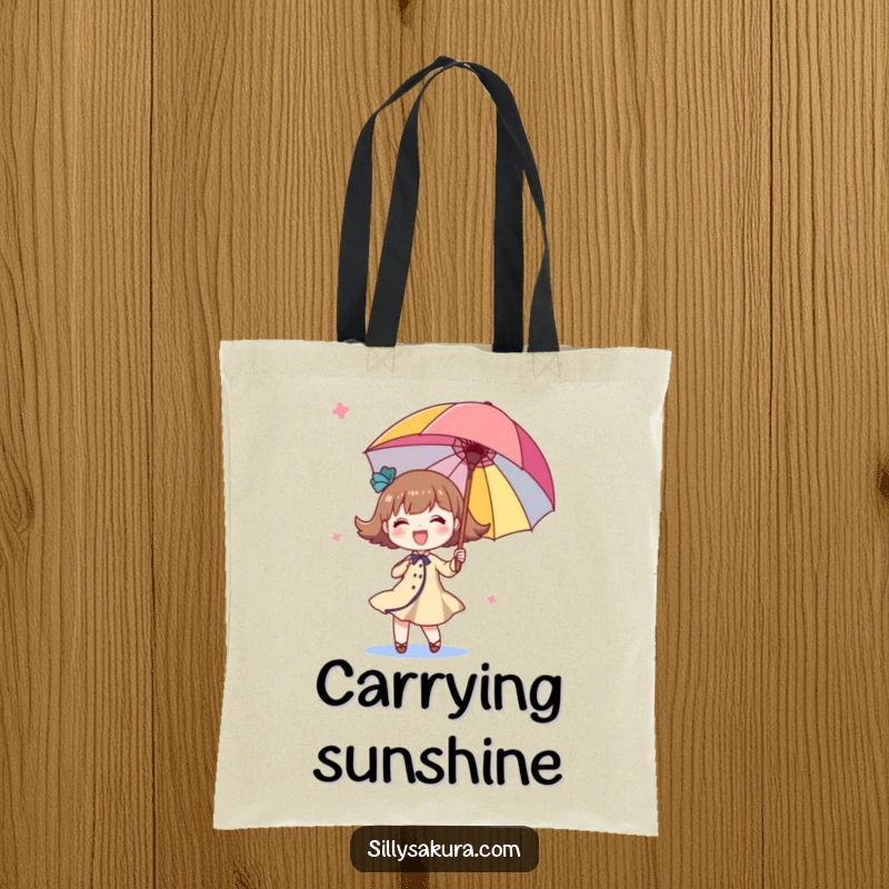 Funny twirling character tote bag, a cute illustration of a character happily spinning a brightly colored parasol, ideal for carrying essentials.