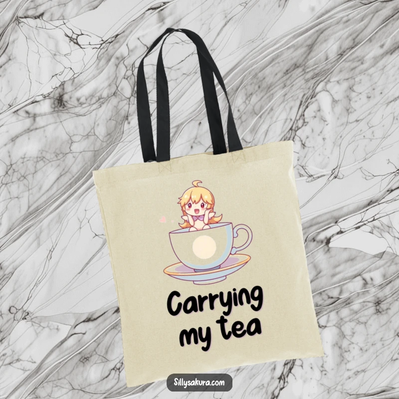 Funny Tote Bag showcasing a character riding a whimsical, floating teacup, perfect for carrying items with a magical and humorous flair.