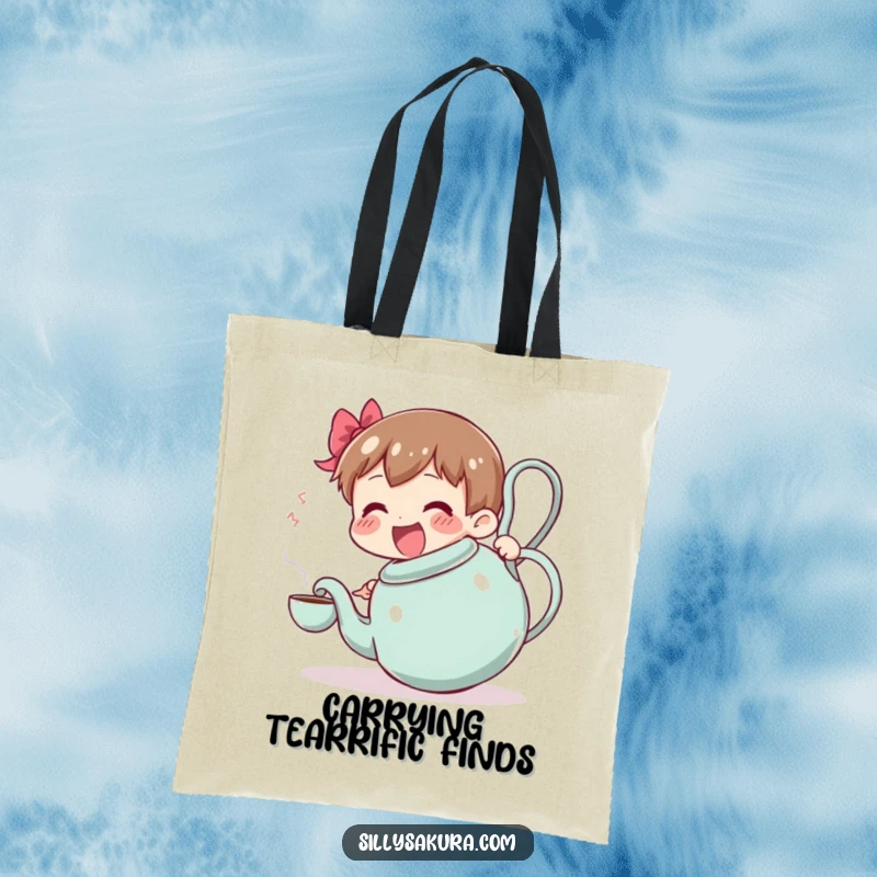Funny tote bag: a joyful character attempts tea service with a huge, wobbling teapot, perfect for carrying necessities with humor.