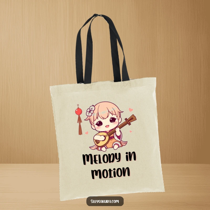 Funny Kawaii Tote Bag. A cute character happily plays a small traditional instrument, perfect for carrying music essentials.