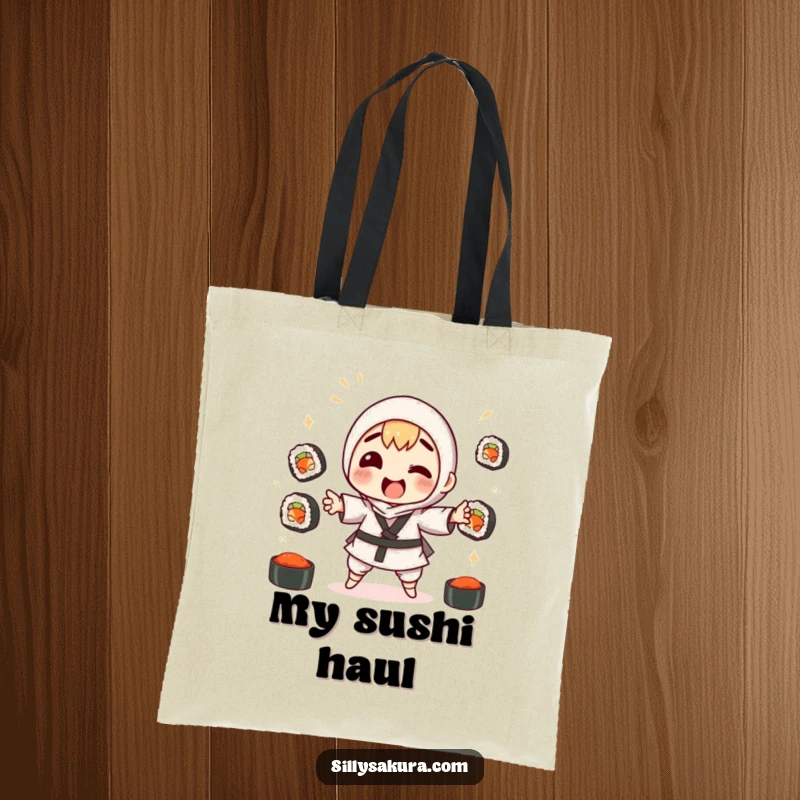 Funny tote bag illustrating a character comically juggling sushi rolls, soy sauce bottles flying, great for shopping.