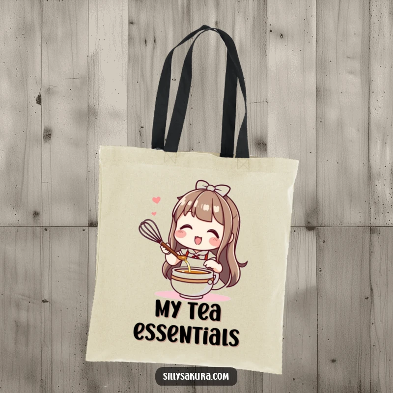 Funny Kawaii tote bag with a cute character enthusiastically whisking tea, perfect for carrying tea-related items.
