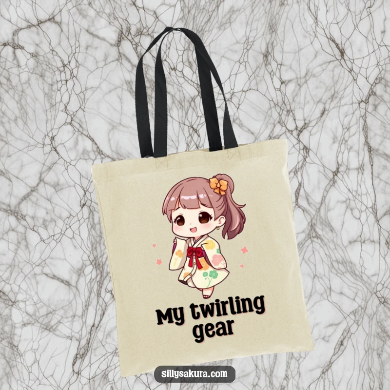 Funny Tote Bag: A character joyfully twirls in a playful kimono, perfect for carrying essentials with flair.