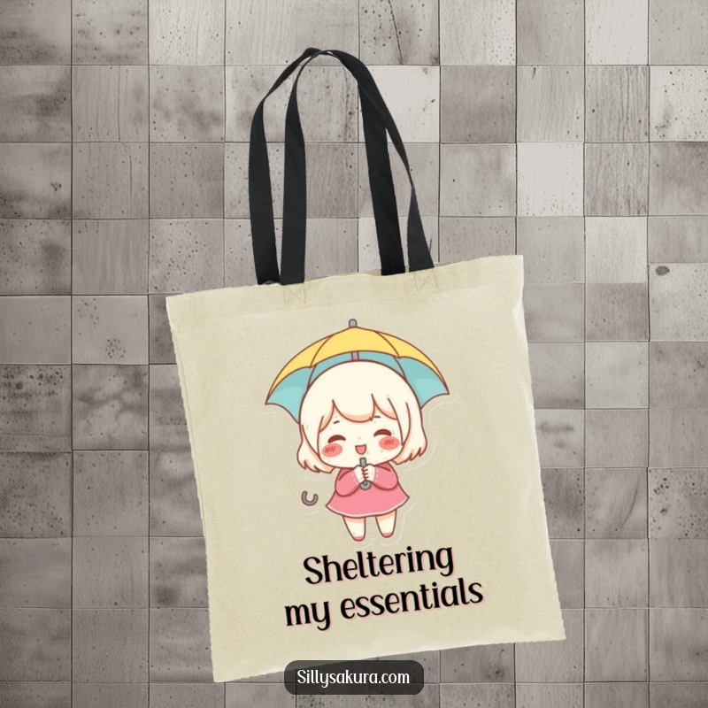 Funny tote bag featuring a small, rosy-cheeked character giggling happily while holding a tiny umbrella.